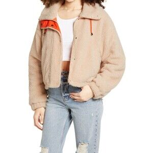 BP. Faux Large Shearling Boxy Bomber Jacket Beige Neon Trim Zip Up Lined NWT